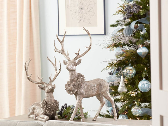 Set of Two Silver And Black Polyresin Deer Christmas Figurine