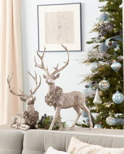 Set of Two Silver And Black Polyresin Deer Christmas Figurine
