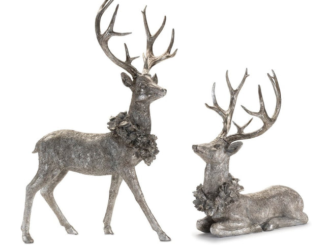 Set of Two Silver And Black Polyresin Deer Christmas Figurine