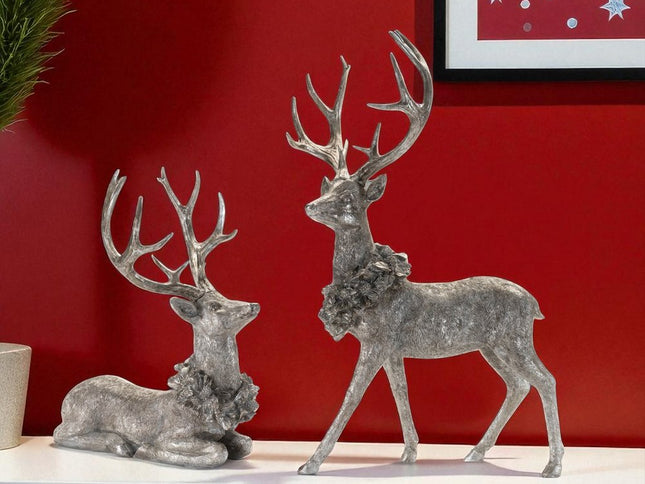Set of Two Silver And Black Polyresin Deer Christmas Figurine