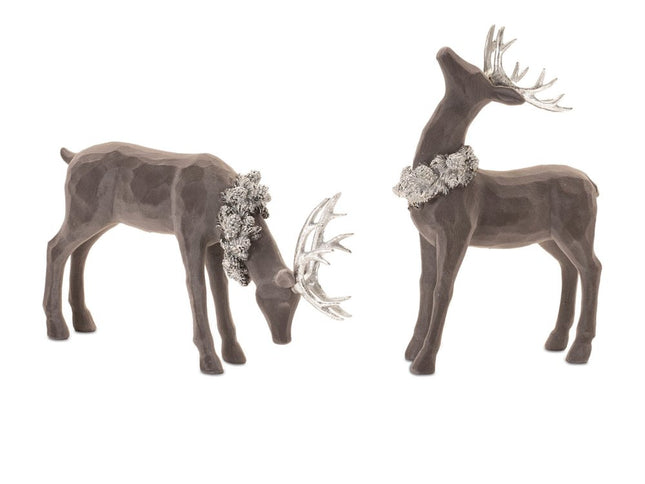 Set of Two Gray Resin Deer Christmas Figurine