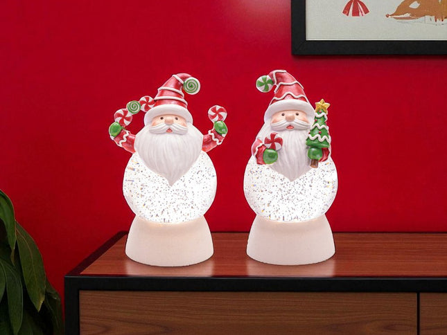 Set of Two White Green And Red Plastic Christmas Santa Tabletop Sculpture with LED