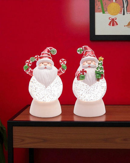 Set of Two White Green And Red Plastic Christmas Santa Tabletop Sculpture with LED