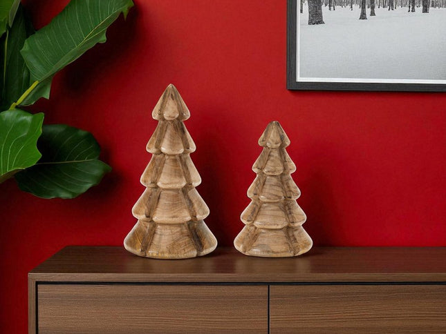 Set of Two Brown Wood Trees Tabletop Sculpture