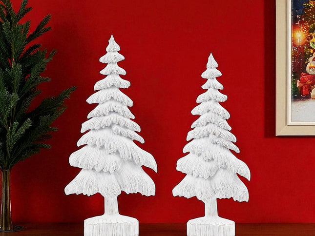 Set of Two White Polyresin Trees Tabletop Sculpture