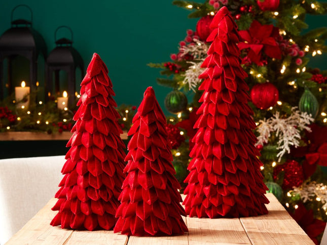 Set of Two Red Fabric Trees Tabletop Sculpture