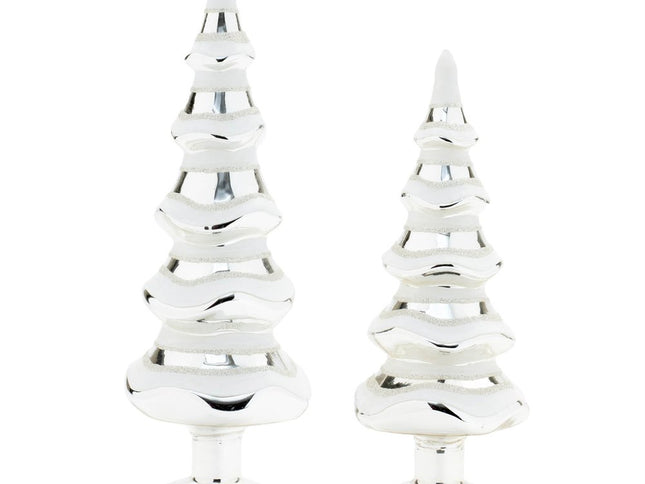 Set of Two Silver And White Glass Trees Tabletop Sculpture