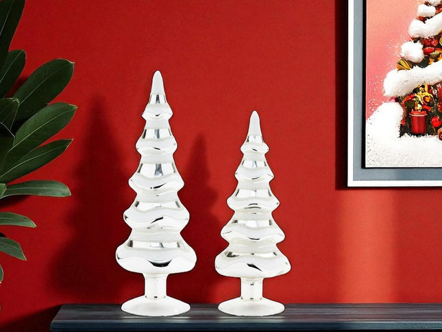 Set of Two Silver And White Glass Trees Tabletop Sculpture