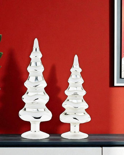 Set of Two Silver And White Glass Trees Tabletop Sculpture