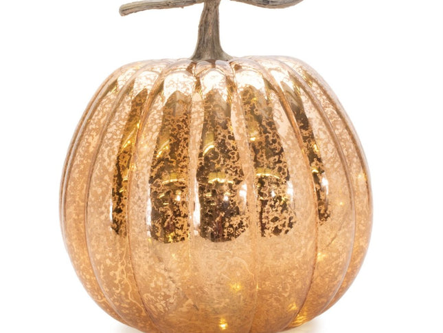 Set of Two Orange And Brown Glass Pumpkin Thanksgiving Pumpkin Tabletop Sculpture with LED