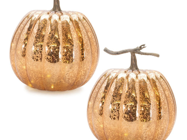 Set of Two Orange And Brown Glass Pumpkin Thanksgiving Pumpkin Tabletop Sculpture with LED