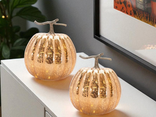 Set of Two Orange And Brown Glass Pumpkin Thanksgiving Pumpkin Tabletop Sculpture with LED