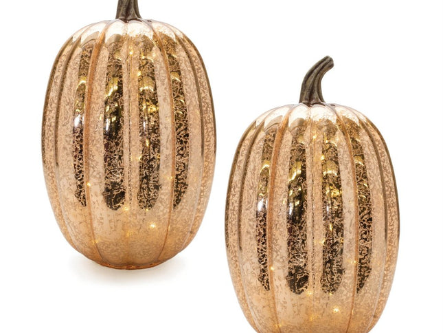 Set of Two Orange Glass Pumpkin Thanksgiving Pumpkin Tabletop Sculpture with LED