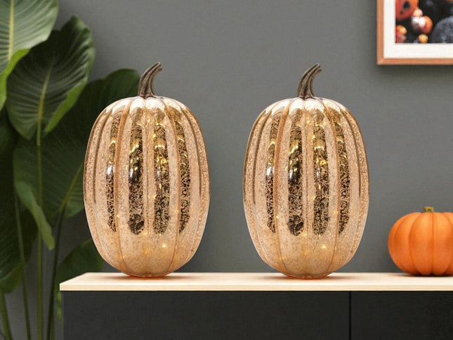 Set of Two Orange Glass Pumpkin Thanksgiving Pumpkin Tabletop Sculpture with LED