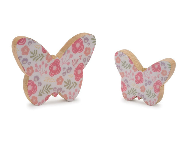 Set of Two White And Pink Wood Butterfly Tabletop Sculpture