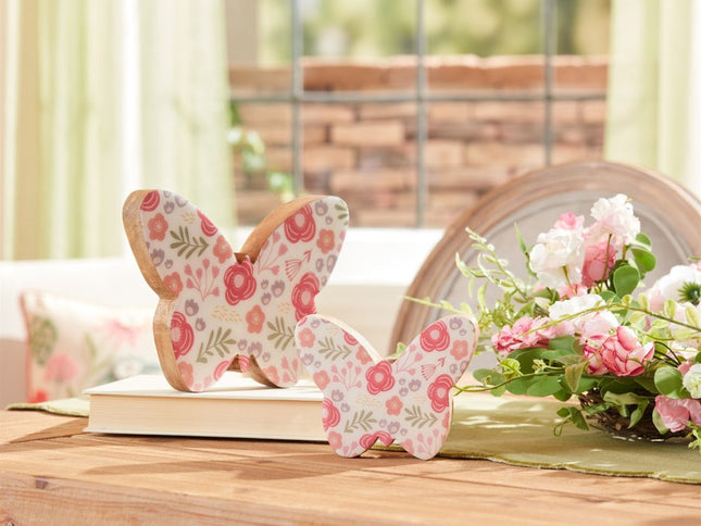 Set of Two White And Pink Wood Butterfly Tabletop Sculpture