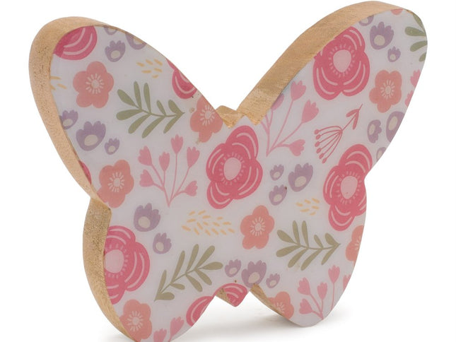 Set of Two White And Pink Wood Butterfly Tabletop Sculpture