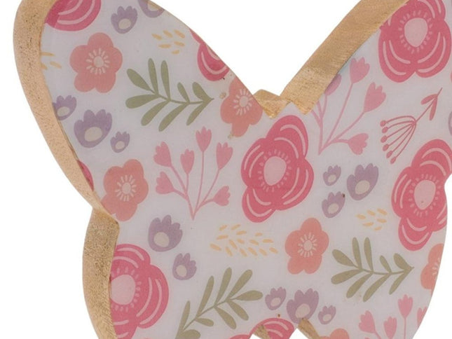 Set of Two White And Pink Wood Butterfly Tabletop Sculpture