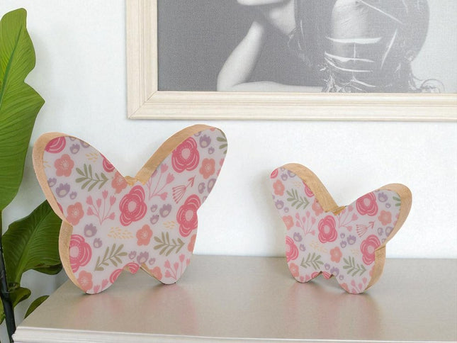 Set of Two White And Pink Wood Butterfly Tabletop Sculpture
