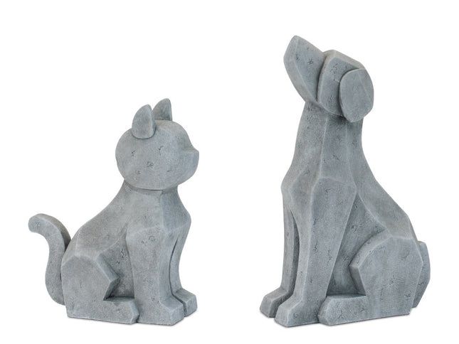 Set of Two Gray Polyresin Cat And Dog Figurines