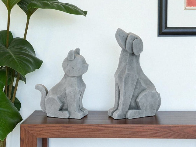 Set of Two Gray Polyresin Cat And Dog Figurines