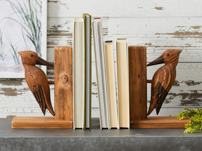 Set of Two Brown Wood Bird Decorative Bookends
