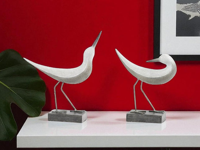 Set of Two White Polyresin Bird Figurine