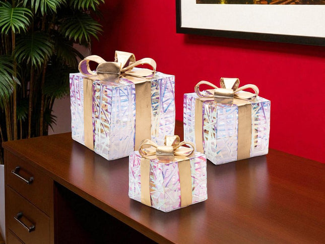 Set of Three Clear And Gold Decorative Boxes With LED