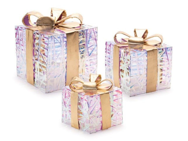 Set of Three Clear And Gold Decorative Boxes With LED