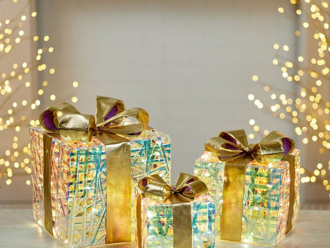 Set of Three Clear And Gold Decorative Boxes With LED