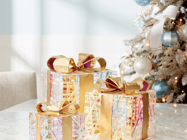Set of Three Clear And Gold Decorative Boxes With LED