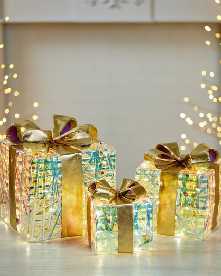 Set of Three Clear And Gold Decorative Boxes With LED