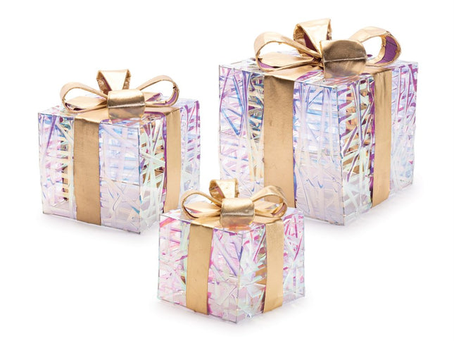 Set of Three Clear And Gold Decorative Boxes With LED