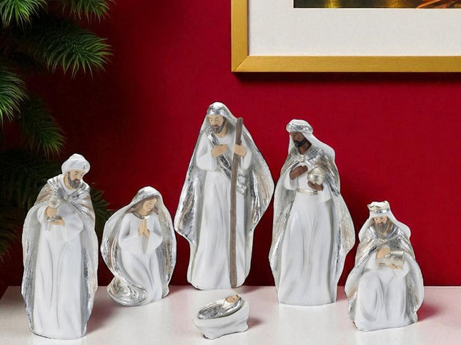Set of Six White And Silver Resin Christmas Nativity Figurines