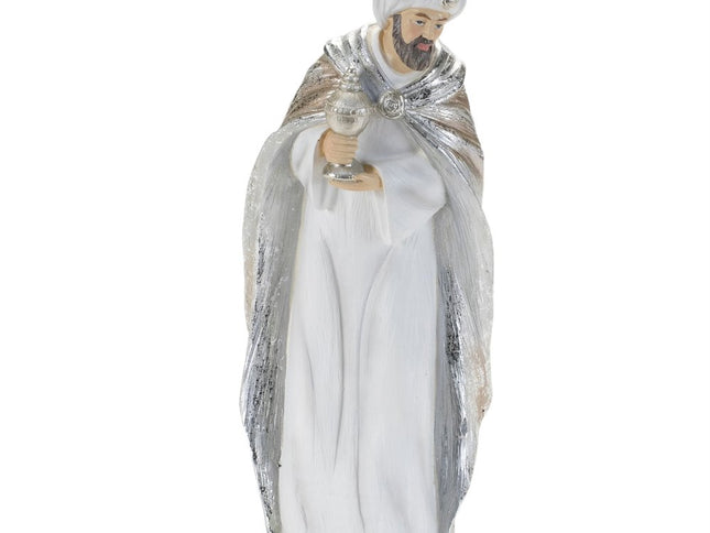 Set of Six White And Silver Resin Christmas Nativity Figurines
