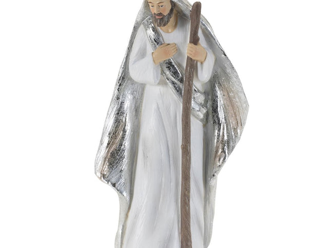 Set of Six White And Silver Resin Christmas Nativity Figurines