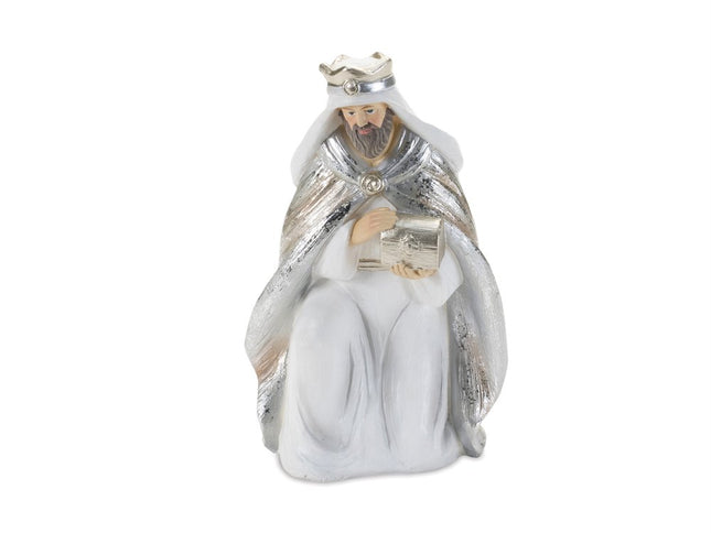 Set of Six White And Silver Resin Christmas Nativity Figurines