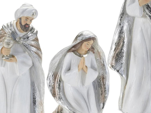 Set of Six White And Silver Resin Christmas Nativity Figurines