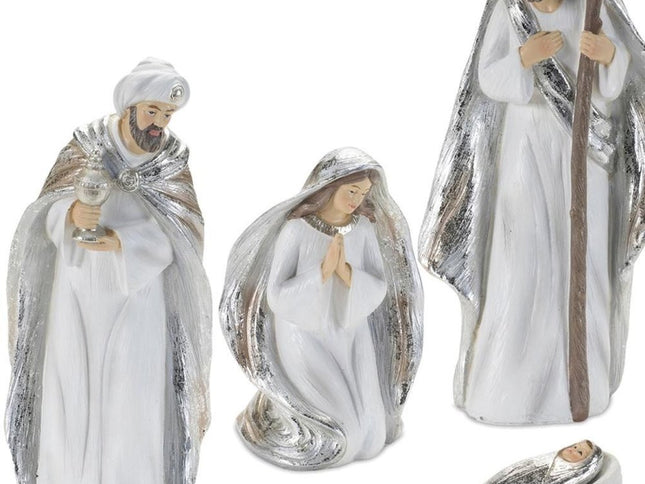 Set of Six White And Silver Resin Christmas Nativity Figurines