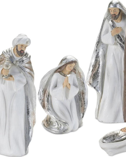 Set of Six White And Silver Resin Christmas Nativity Figurines