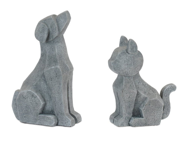 Set of Four Gray Polyresin Cat And Dog Figurines
