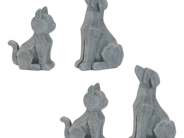 Set of Four Gray Polyresin Cat And Dog Figurines