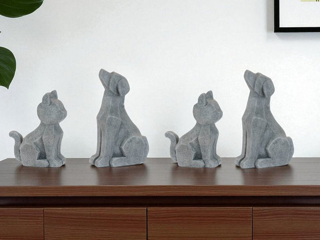 Set of Four Gray Polyresin Cat And Dog Figurines