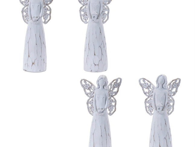 Set of Four White Polyresin Floral Wing Angel Figurines