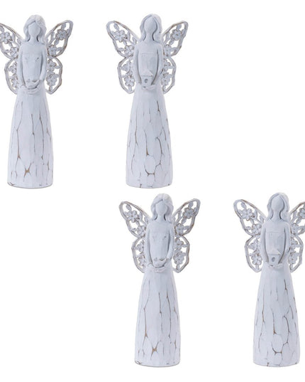 Set of Four White Polyresin Floral Wing Angel Figurines