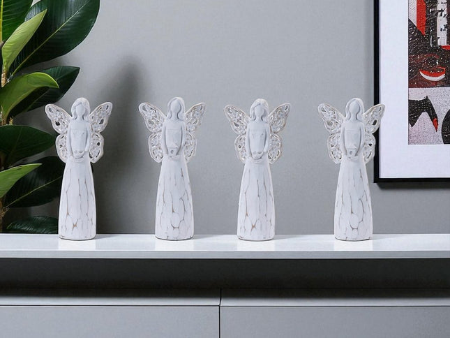 Set of Four White Polyresin Floral Wing Angel Figurines