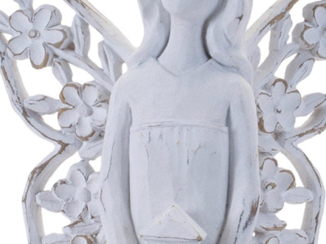 Set of Four White Polyresin Floral Wing Angel Figurines