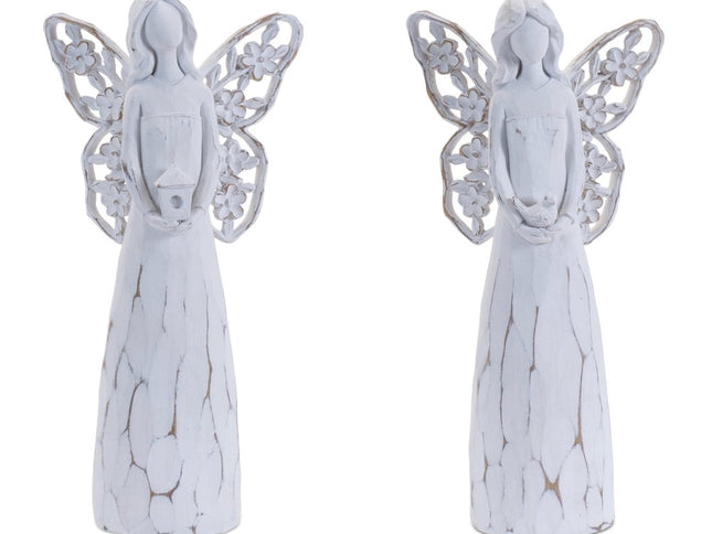 Set of Four White Polyresin Floral Wing Angel Figurines