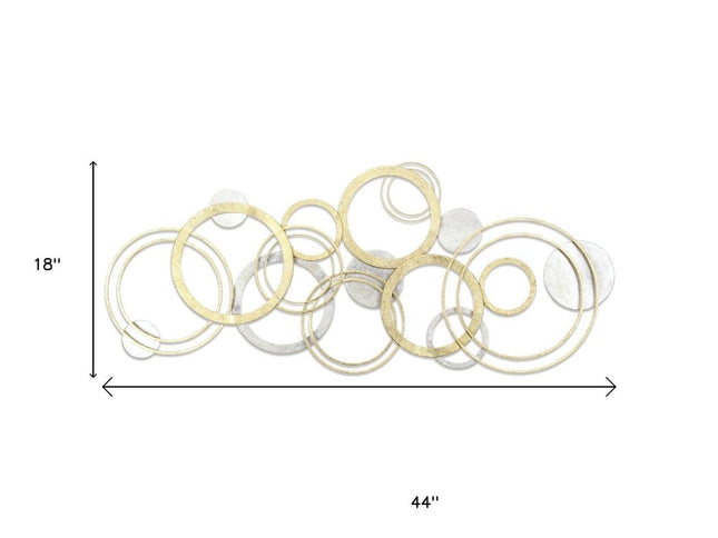 18" X 44" Gold And Silver Geometric Metal Round Discs Hanging Dimensional Sculpture