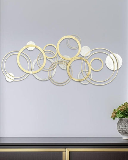 18" X 44" Gold And Silver Geometric Metal Round Discs Hanging Dimensional Sculpture